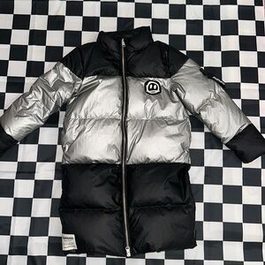 Nununu LIKE NEW Metallic Black & Silver Long Puffer Down Coat Jacket 6-7